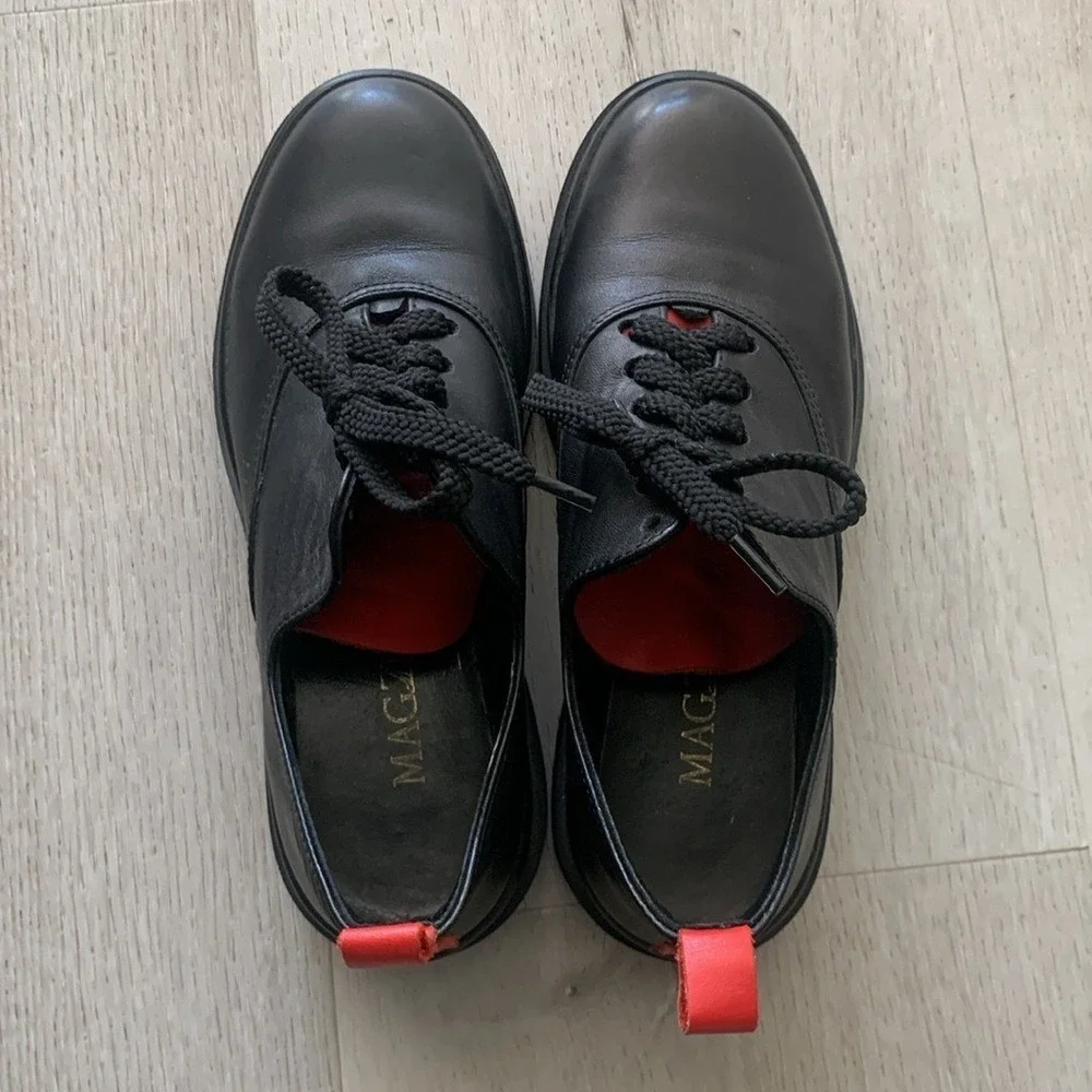 Magza leather wedges black red lace up shoes sneakers chunky‎ y2k size 7